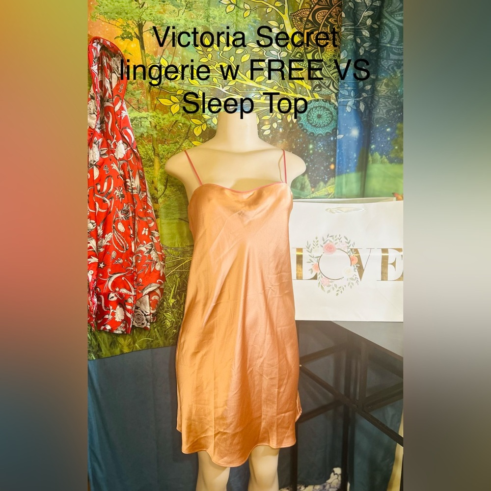 Victoria's Secret Satin Peach Chemise/FREE Victoria Sleep Button top